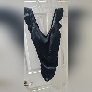 Time and Tru Black Woman's One Piece Bathing Suit W/Ruffle Shoulder Black